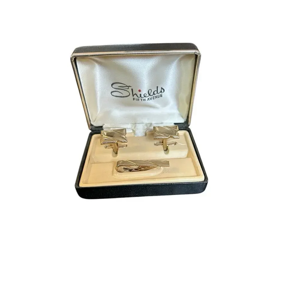 Vintage Shields Fifth Avenue Cuff-Links & Tie Bar Clip Set Gold Tone In Box